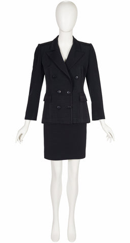 1980s Black Faille Double-Breasted Tuxedo Skirt Suit