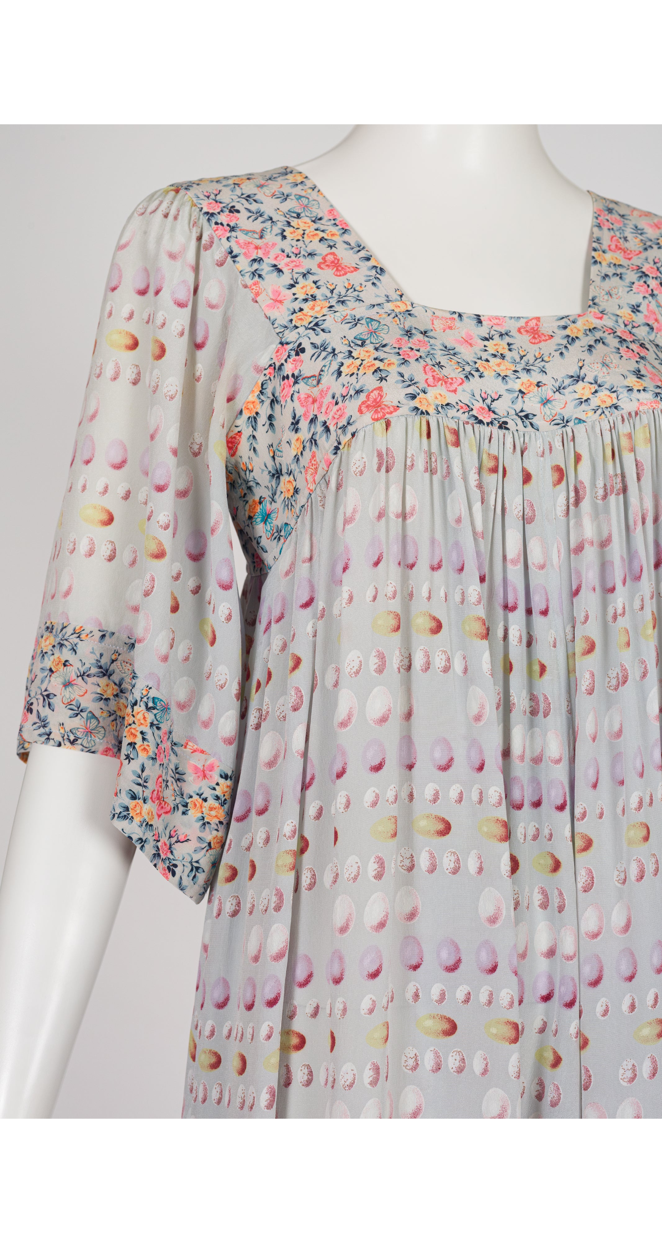 1978 S/S Egg Mixed Print Powder Blue Silk Peasant Dress