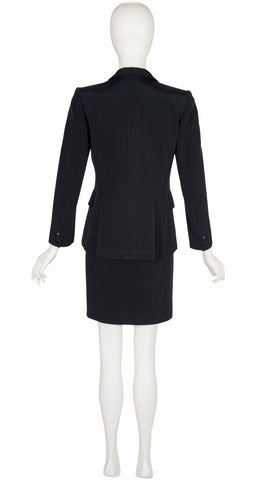 1980s Black Faille Double-Breasted Tuxedo Skirt Suit