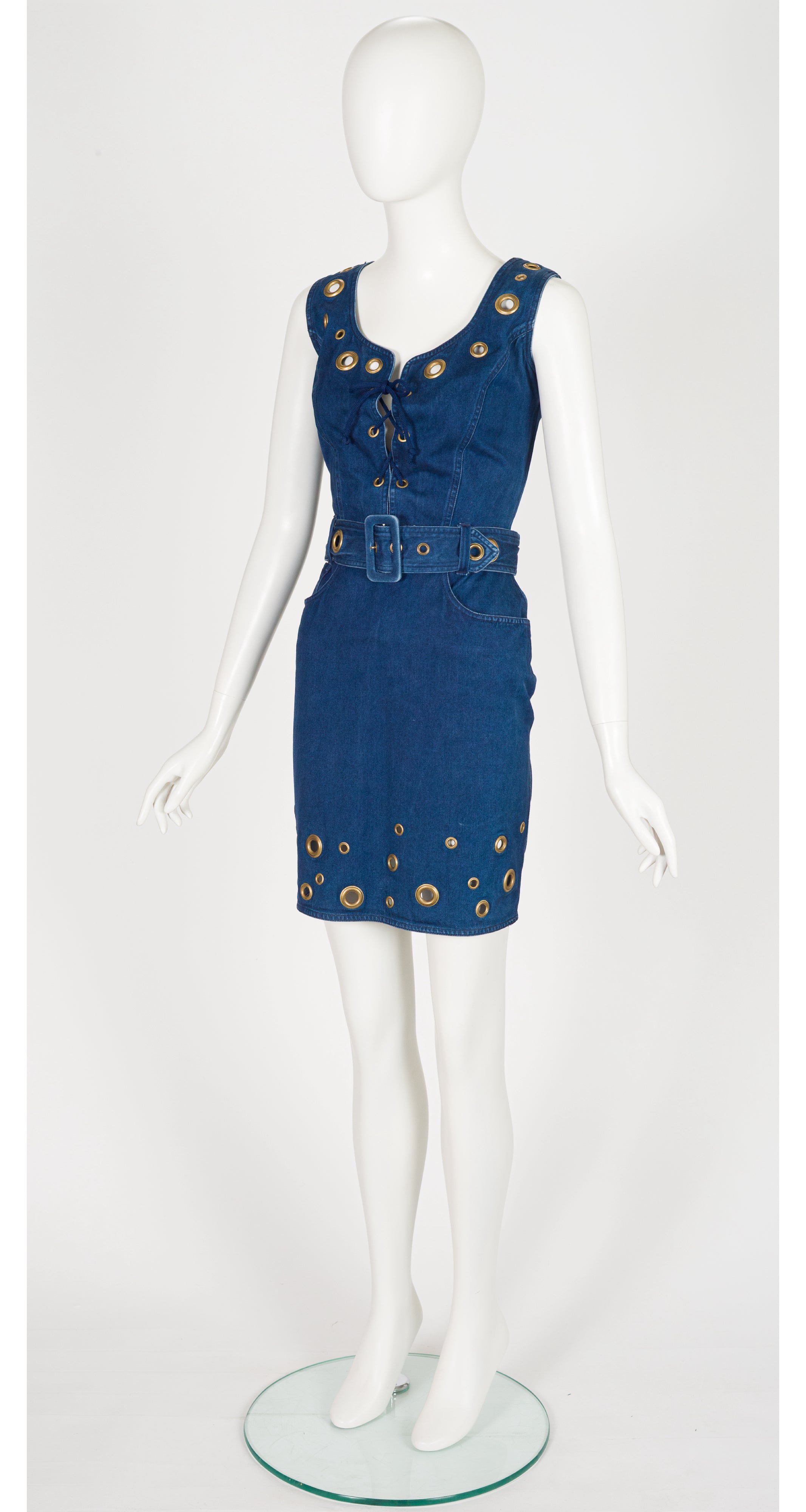 1990s Blue Denim Grommet Lace-Up Sleeveless Dress