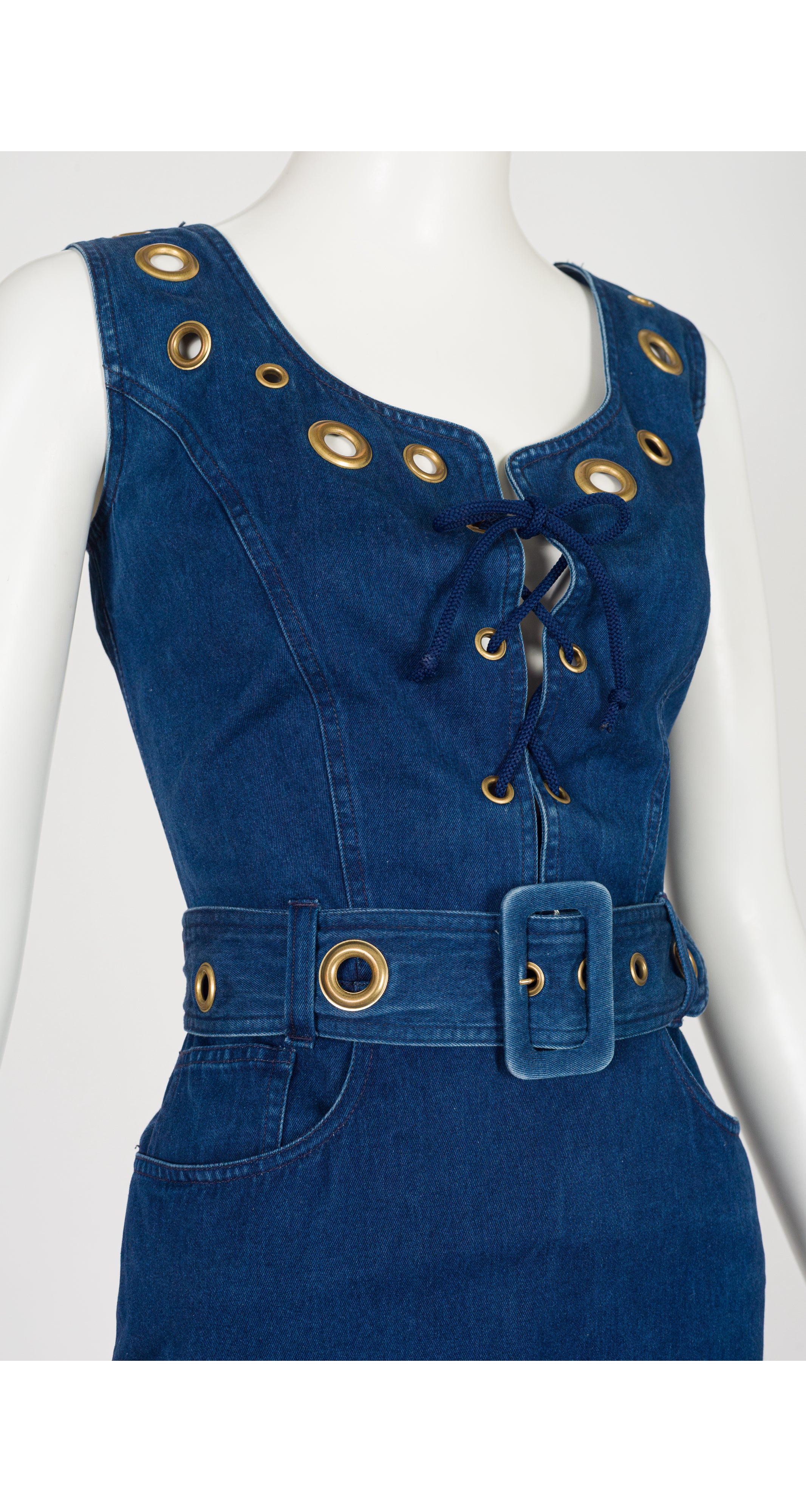 1990s Blue Denim Grommet Lace-Up Sleeveless Dress