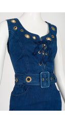 1990s Blue Denim Grommet Lace-Up Sleeveless Dress