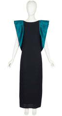 1980s Architectural Teal Satin & Black Crepe Evening Gown