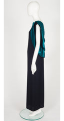 1980s Architectural Teal Satin & Black Crepe Evening Gown