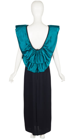1980s Architectural Teal Satin & Black Crepe Evening Gown