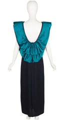 1980s Architectural Teal Satin & Black Crepe Evening Gown