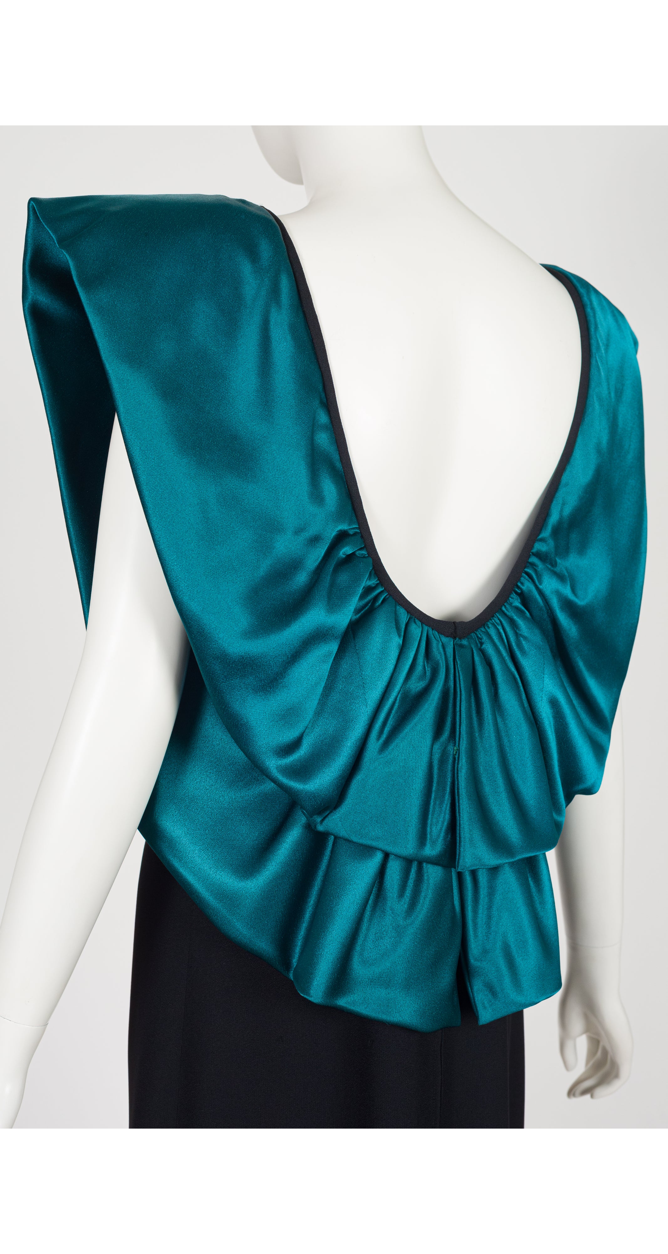 1980s Architectural Teal Satin & Black Crepe Evening Gown