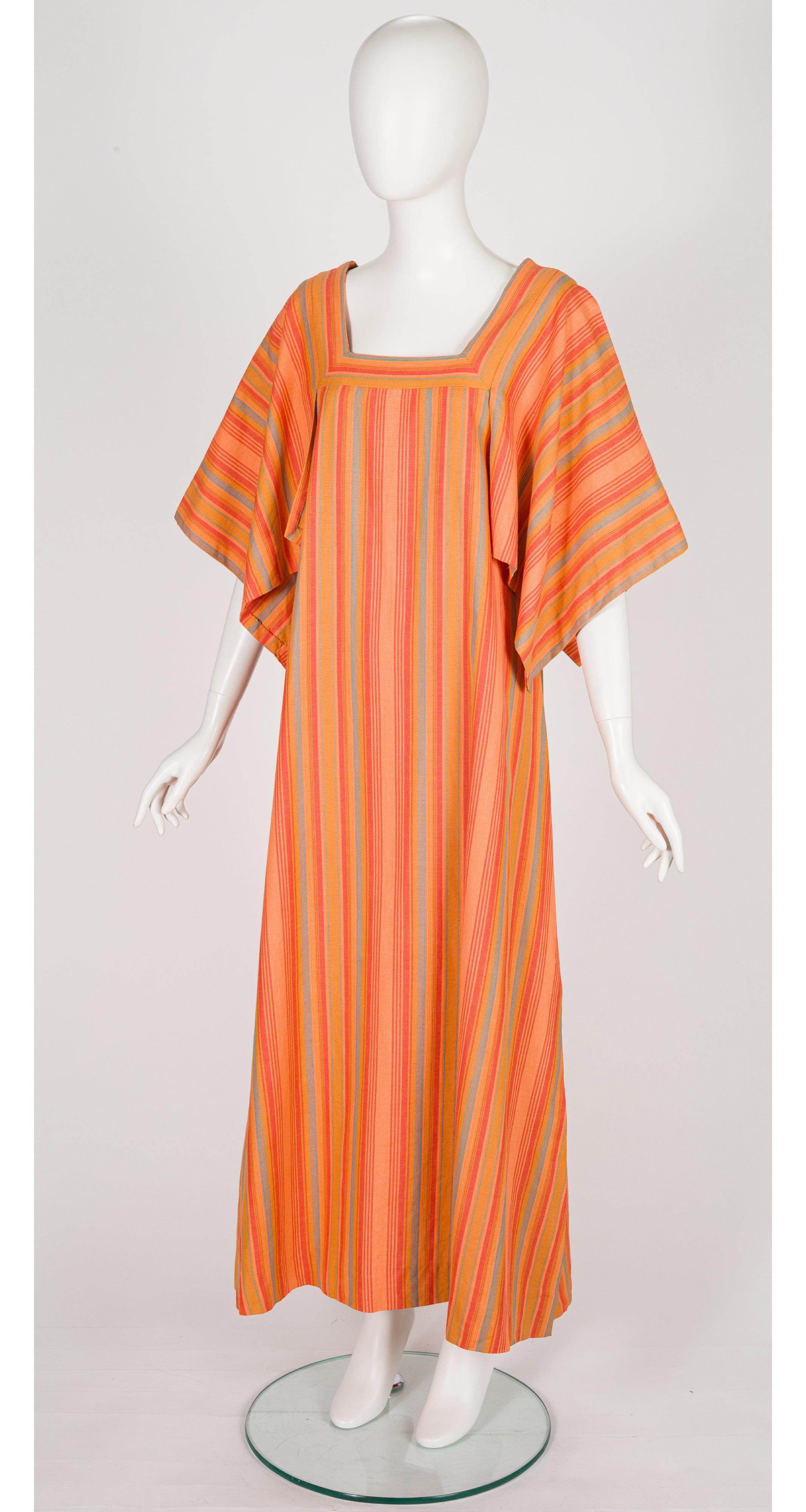 1970s Orange Striped Woven Cotton Caftan Dress