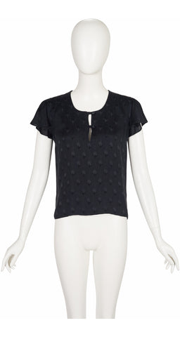 1970s Black Floral Silk Jacquard Flutter Sleeve Top