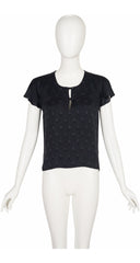 1970s Black Floral Silk Jacquard Flutter Sleeve Top