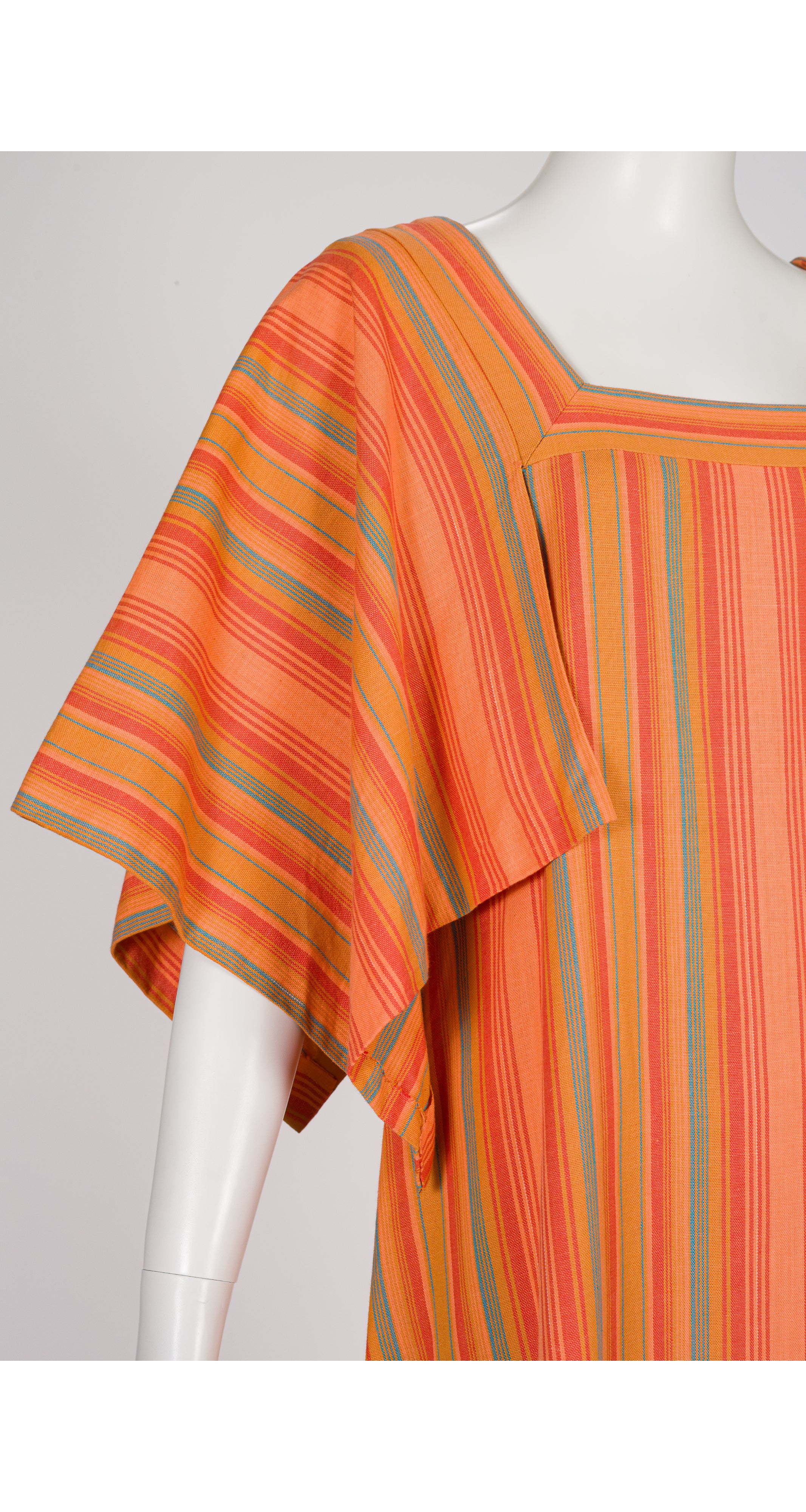 1970s Orange Striped Woven Cotton Caftan Dress