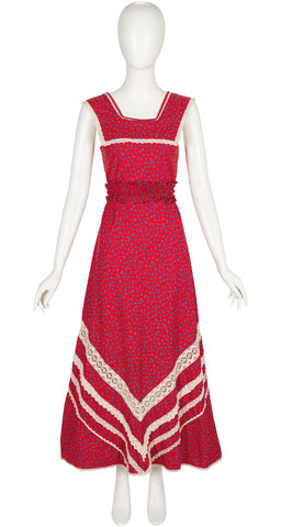 1970s Red Floral Cotton Sleeveless Prairie Maxi Dress