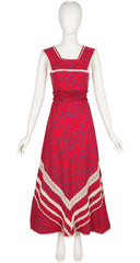 1970s Red Floral Cotton Sleeveless Prairie Maxi Dress