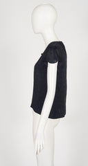 1970s Black Floral Silk Jacquard Flutter Sleeve Top