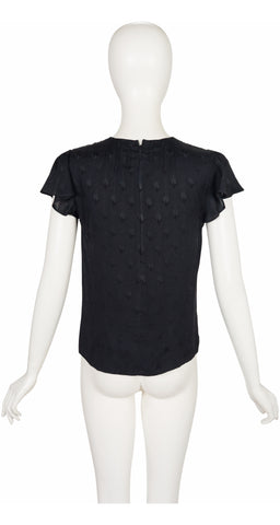 1970s Black Floral Silk Jacquard Flutter Sleeve Top