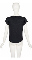1970s Black Floral Silk Jacquard Flutter Sleeve Top