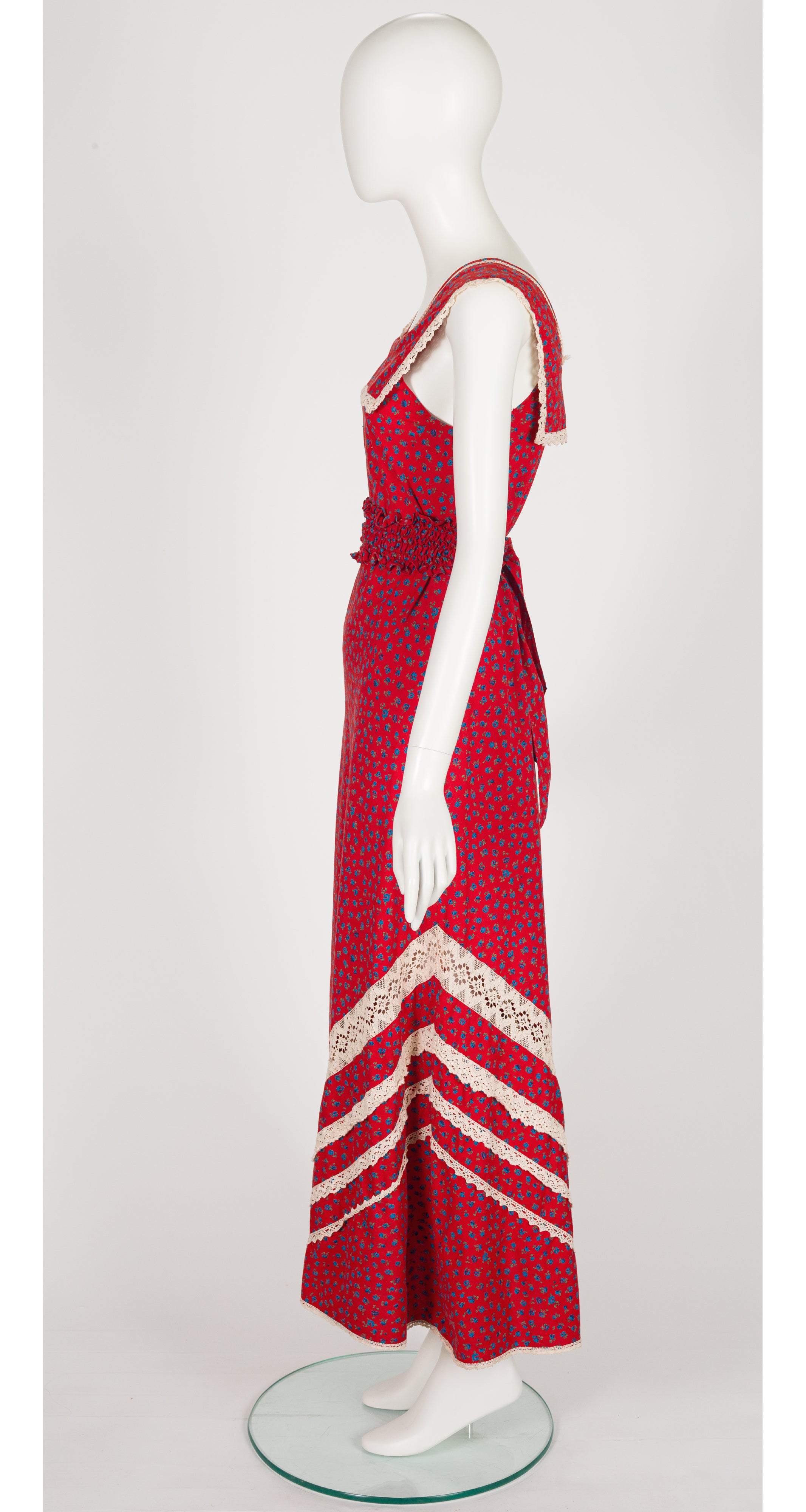 1970s Red Floral Cotton Sleeveless Prairie Maxi Dress