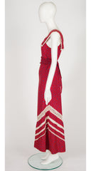 1970s Red Floral Cotton Sleeveless Prairie Maxi Dress