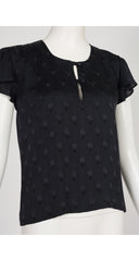 1970s Black Floral Silk Jacquard Flutter Sleeve Top