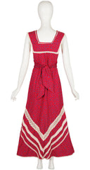 1970s Red Floral Cotton Sleeveless Prairie Maxi Dress