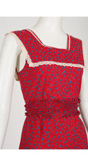 1970s Red Floral Cotton Sleeveless Prairie Maxi Dress