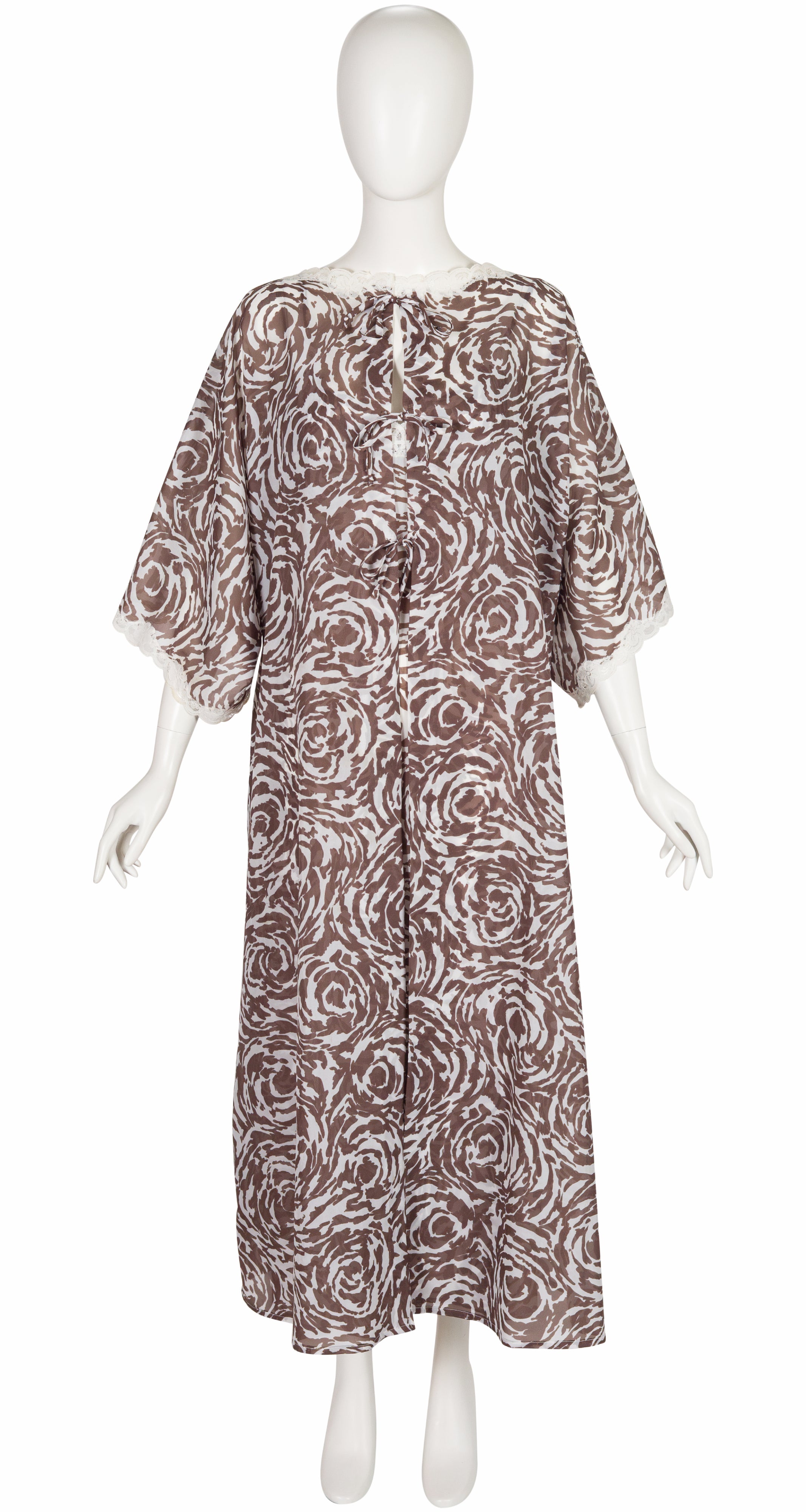 1970s Brown & White Abstract Print Lace Trim Peignoir Set