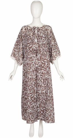 1970s Brown & White Abstract Print Lace Trim Peignoir Set