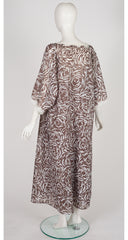 1970s Brown & White Abstract Print Lace Trim Peignoir Set