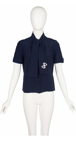 1970s Monogram Logo Navy Silk Tie-Neck Short-Sleeve Blouse