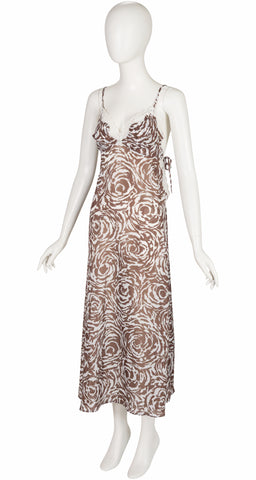 1970s Brown & White Abstract Print Lace Trim Peignoir Set