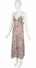 1970s Brown & White Abstract Print Lace Trim Peignoir Set