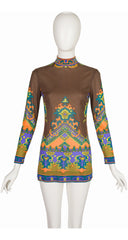 1970s Geometric Print Brown Jersey Tunic Top