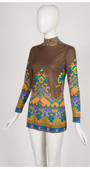 1970s Geometric Print Brown Jersey Tunic Top