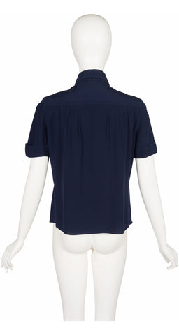 1970s Monogram Logo Navy Silk Tie-Neck Short-Sleeve Blouse