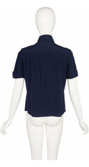 1970s Monogram Logo Navy Silk Tie-Neck Short-Sleeve Blouse