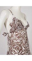 1970s Brown & White Abstract Print Lace Trim Peignoir Set