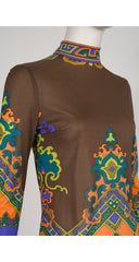 1970s Geometric Print Brown Jersey Tunic Top