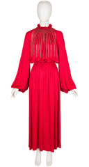 1977-78 F/W Macrame Collar Red Jersey Bishop Sleeve Gown