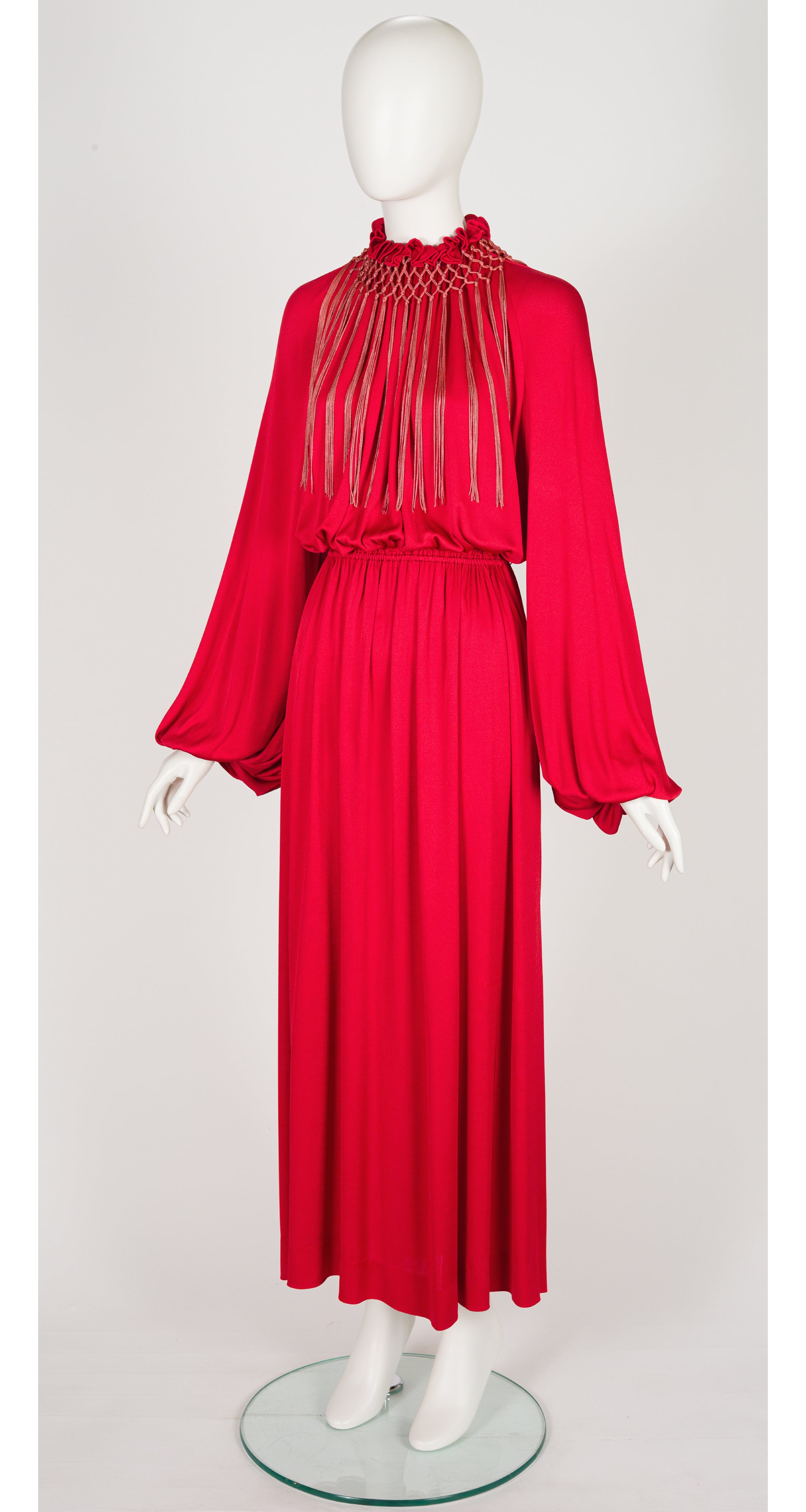 1977-78 F/W Macrame Collar Red Jersey Bishop Sleeve Gown