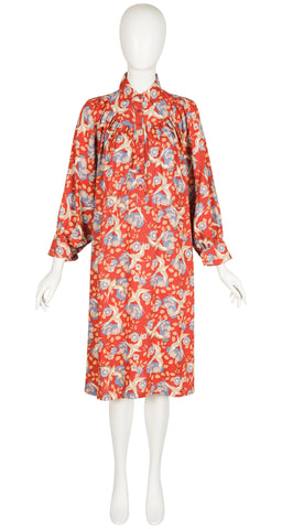 1970s French Swallow Floral Print Burnt Sienna Crepe Dress