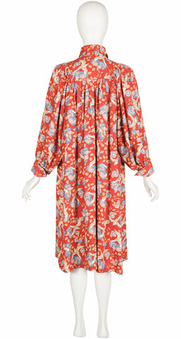 1970s French Swallow Floral Print Burnt Sienna Crepe Dress