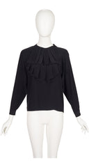 1980s Black Silk Ruffle Jabot Collar Blouse