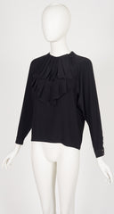 1980s Black Silk Ruffle Jabot Collar Blouse