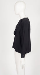 1980s Black Silk Ruffle Jabot Collar Blouse