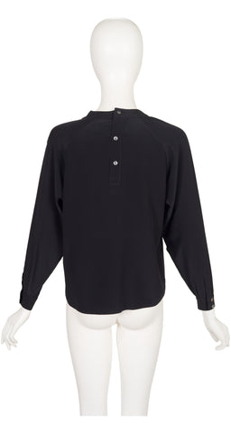 1980s Black Silk Ruffle Jabot Collar Blouse