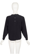 1980s Black Silk Ruffle Jabot Collar Blouse