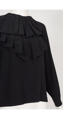 1980s Black Silk Ruffle Jabot Collar Blouse
