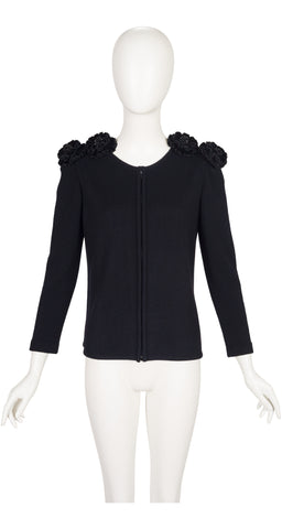 1990s Flower Shoulder Black Knit Zip-Up Sweater