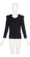 1990s Flower Shoulder Black Knit Zip-Up Sweater
