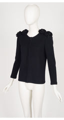 1990s Flower Shoulder Black Knit Zip-Up Sweater